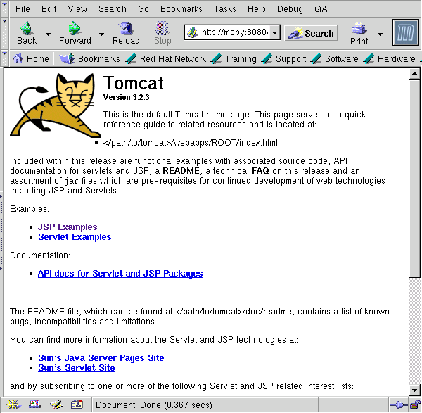 Screencap of the Tomcat Demo Webserver Running