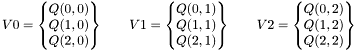 \[ V0 = \begin{Bmatrix} Q(0,0) \\ Q(1,0) \\ Q(2,0) \end{Bmatrix}\qquad V1 = \begin{Bmatrix} Q(0,1) \\ Q(1,1) \\ Q(2,1) \end{Bmatrix}\qquad V2 = \begin{Bmatrix} Q(0,2) \\ Q(1,2) \\ Q(2,2) \end{Bmatrix} \]