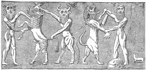 77.—IZDUBAR AND ÊABÂNI FIGHT THE BULL OF
ISHTAR.—IZDUBAR FIGHTS ÊABÂNI'S LION (BABYLONIAN CYLINDER). (Smith's
"Chaldea.")