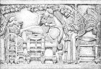 Fig. 28.—Feast of Assurbanipal, continued. No. 2, The
king and queen at table. Drawn by Saint-Elme Gautier.