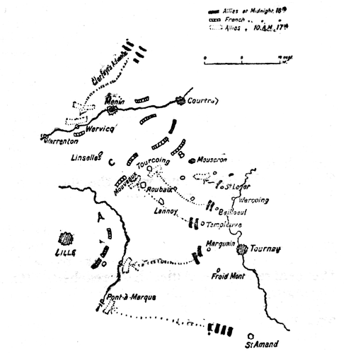 Tourcoing. May 16 to 18, 1794.

The breakdown of the attempt of the Allies to cut off the French near
Courtrai from Lille was due to their failure to synchronise They should
have been in line from A to B at noon of the 17th with Clerfayt at C.