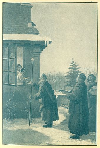 Children throwing coins out window to procession