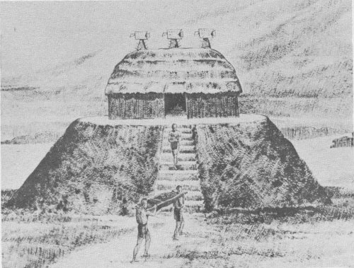 The structure atop the funeral mound may have been for preparing corpses for burial. From Museum exhibit.